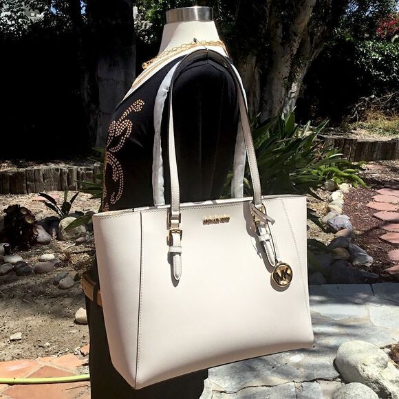MICHAEL KORS LEATHER LT CREAM TOTE LAPTOP SHOULDER BAG WOMEN HANDBAGS - Picture 2 of 8